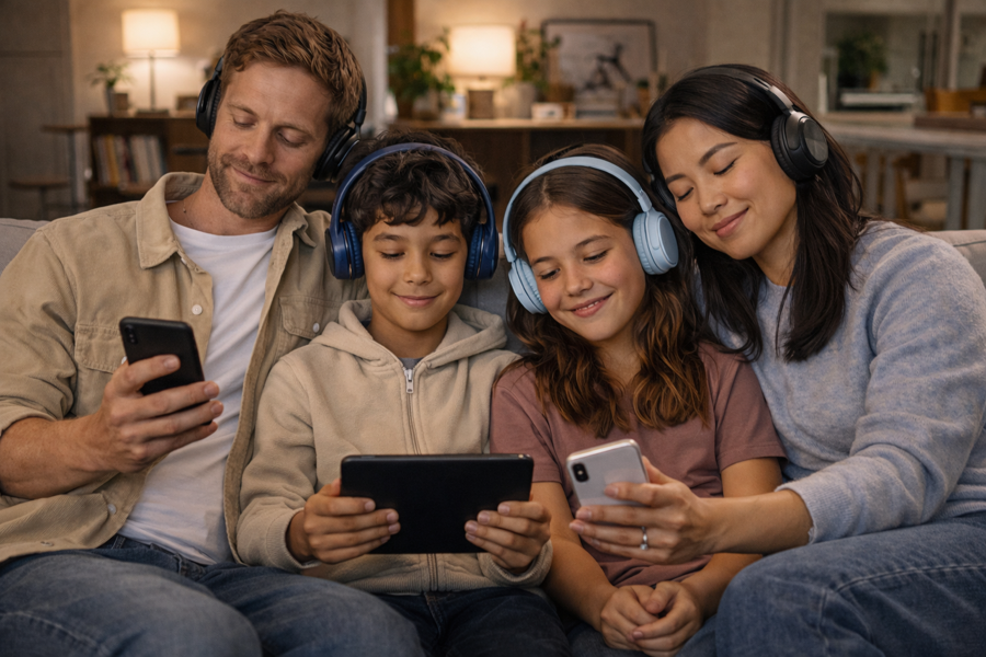 Familj lyssnar på ljudböcker tillsammans