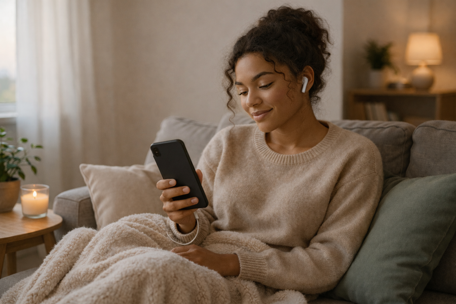 Kvinna sitter avslappnat i soffan med AirPods och lyssnar på ljudbok via telefonen
