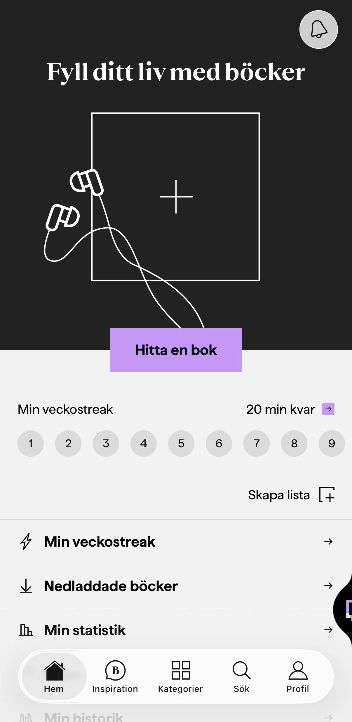 BookBeat hemskärm — personaliserade bokförslag och nytt innehåll
