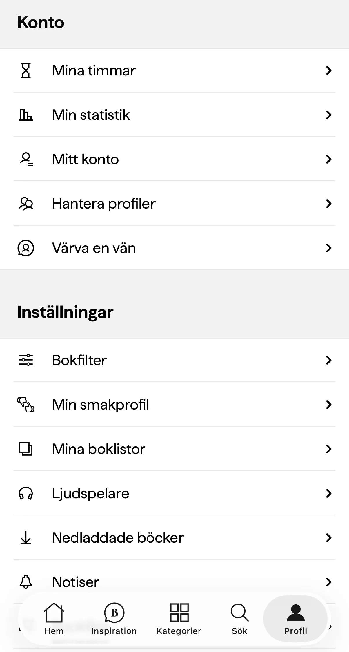 BookBeat konto — Mina timmar och Hantera profiler