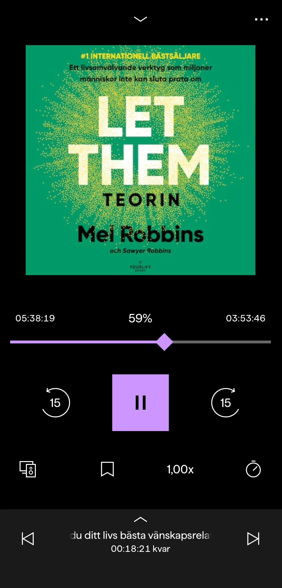 BookBeat spelare under träning — hastighetsreglage och offline-ikonen