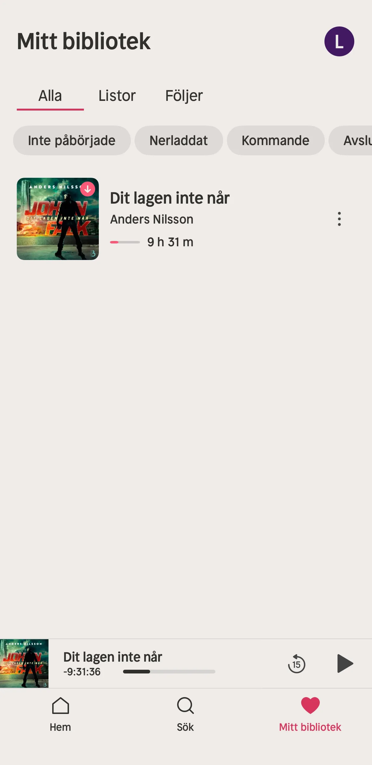 Nextory mitt bibliotek — nedladdade böcker och läsprogress