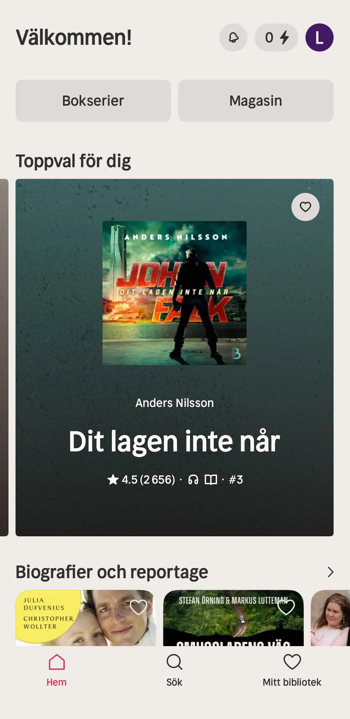 Nextory hemskärm — böcker, e-böcker och magasin