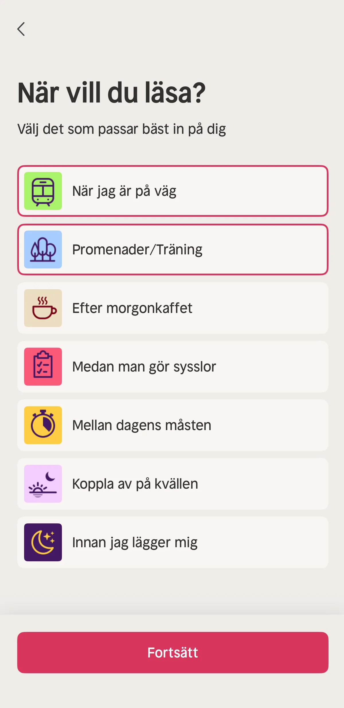 Nextory onboarding steg 3 — när vill du lyssna