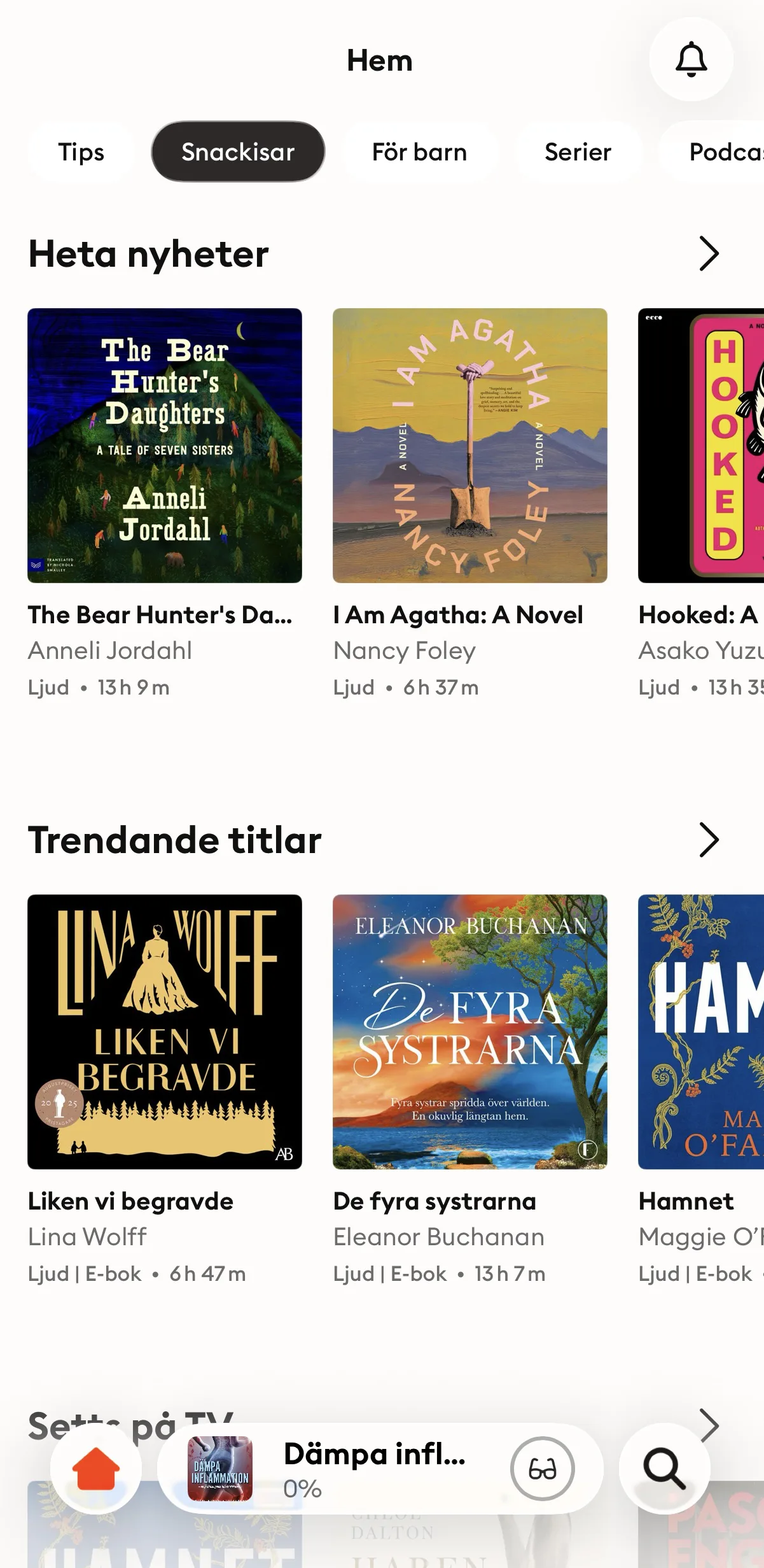 Storytel hemskärm — Originals och internationellt bokutbud